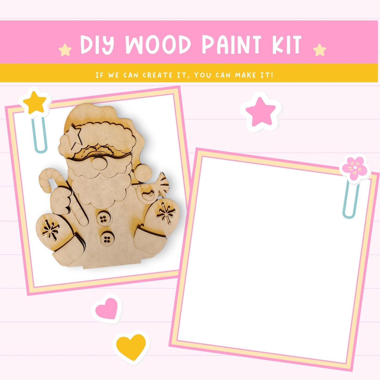 The image is a DIY wood paint kit featuring a wooden Santa Claus figure and a blank white frame.