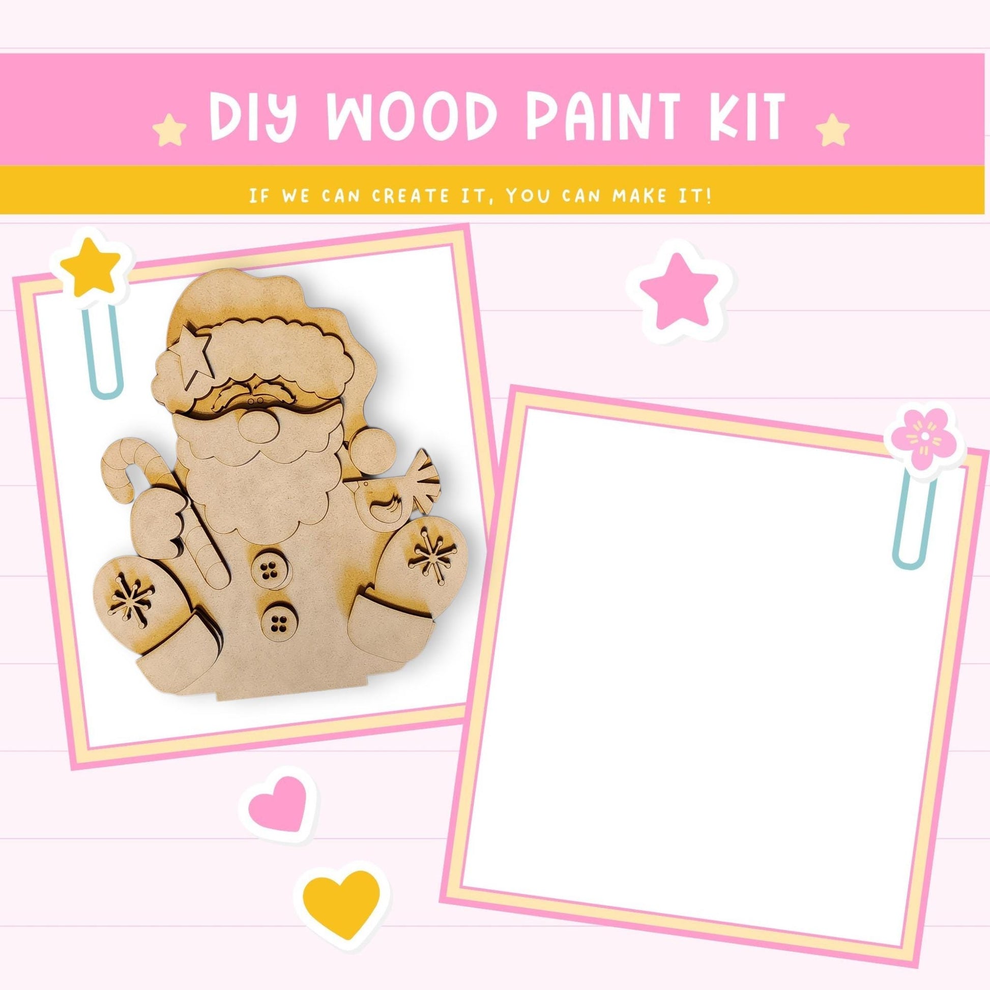 The image is a DIY wood paint kit featuring a wooden Santa Claus figure and a blank white frame.