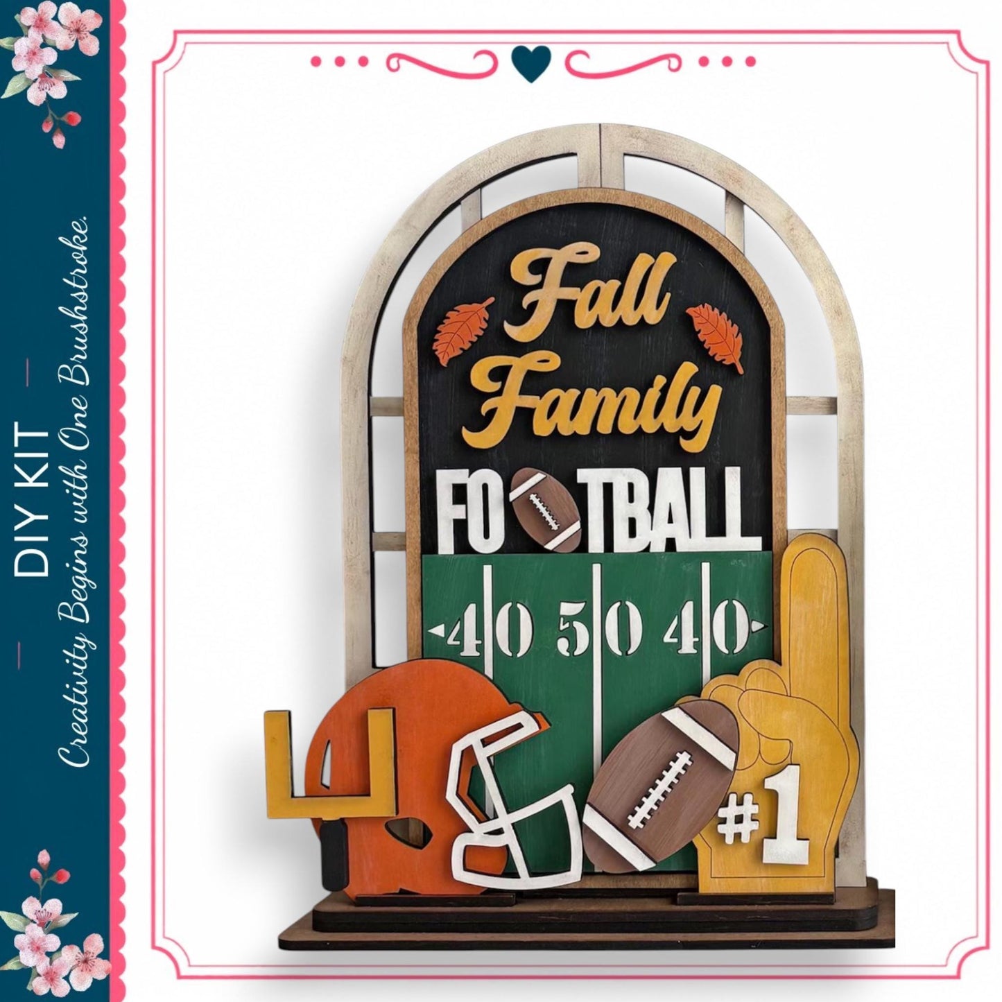 The image is a DIY kit featuring a football-themed decoration with various football-related items, including a football, helmet, and other football-related objects.