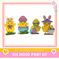 four colorful Easter-themed figurines, including chicks, bunnies, and chicks in a basket, arranged in a row.