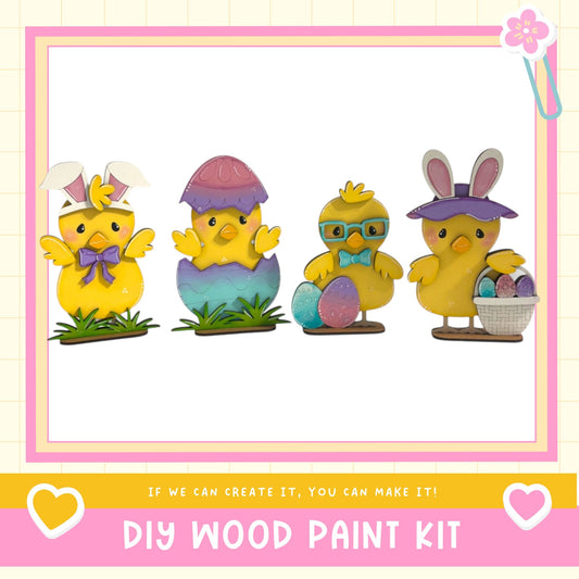 four colorful Easter-themed figurines, including chicks, bunnies, and chicks in a basket, arranged in a row.