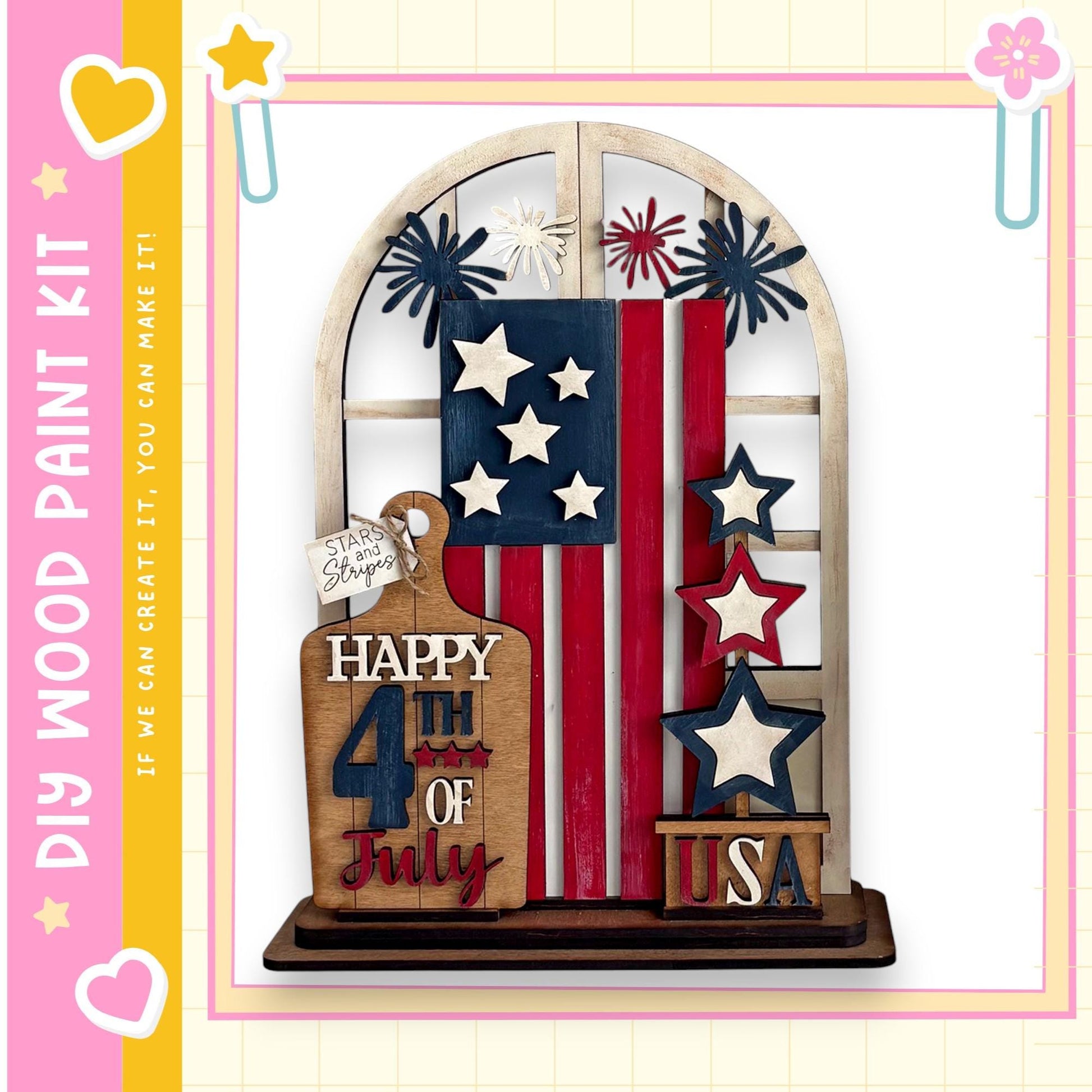 a wooden sign with the text "Happy 4th of July USA" and a star-shaped decoration, surrounded by a patriotic design with an American flag motif.