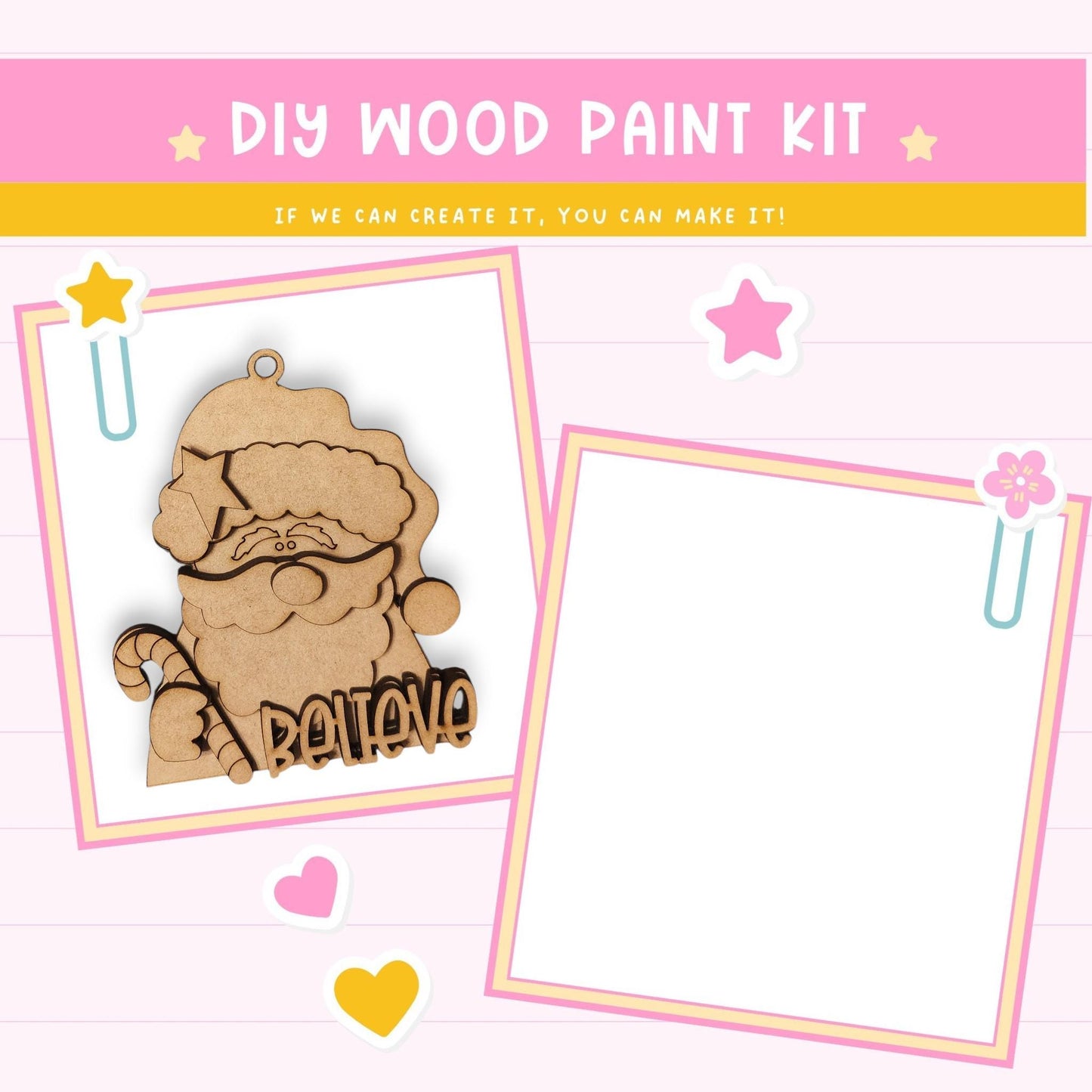 The image is a DIY wood paint kit advertisement featuring a wooden Santa Claus ornament and a blank frame with a blank space.