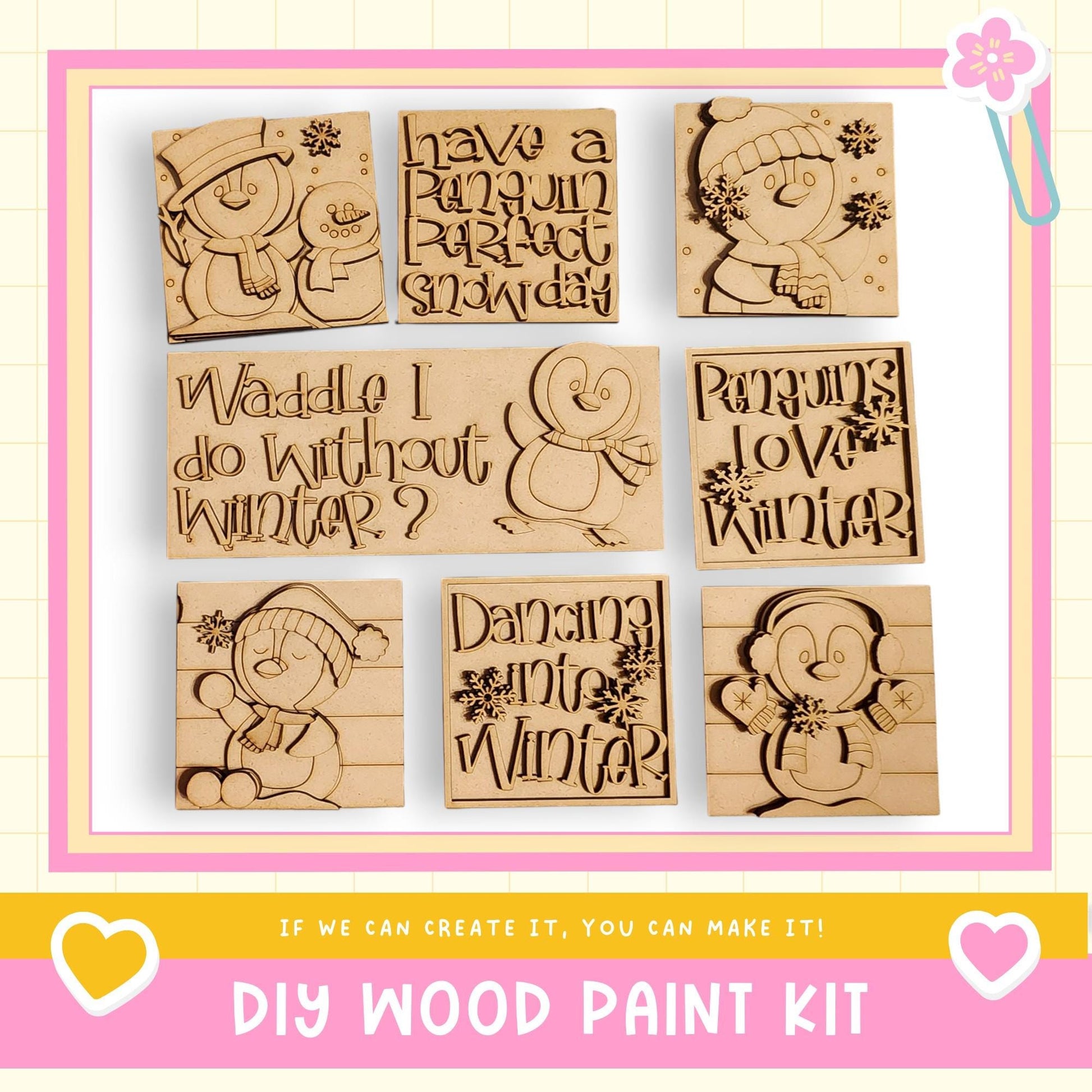 The image is a collage of six wooden cutouts featuring various winter-themed phrases and illustrations, including a penguin, snowman, and dancing penguins.