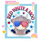 a red, white and moo badge with a cow wearing sunglasses