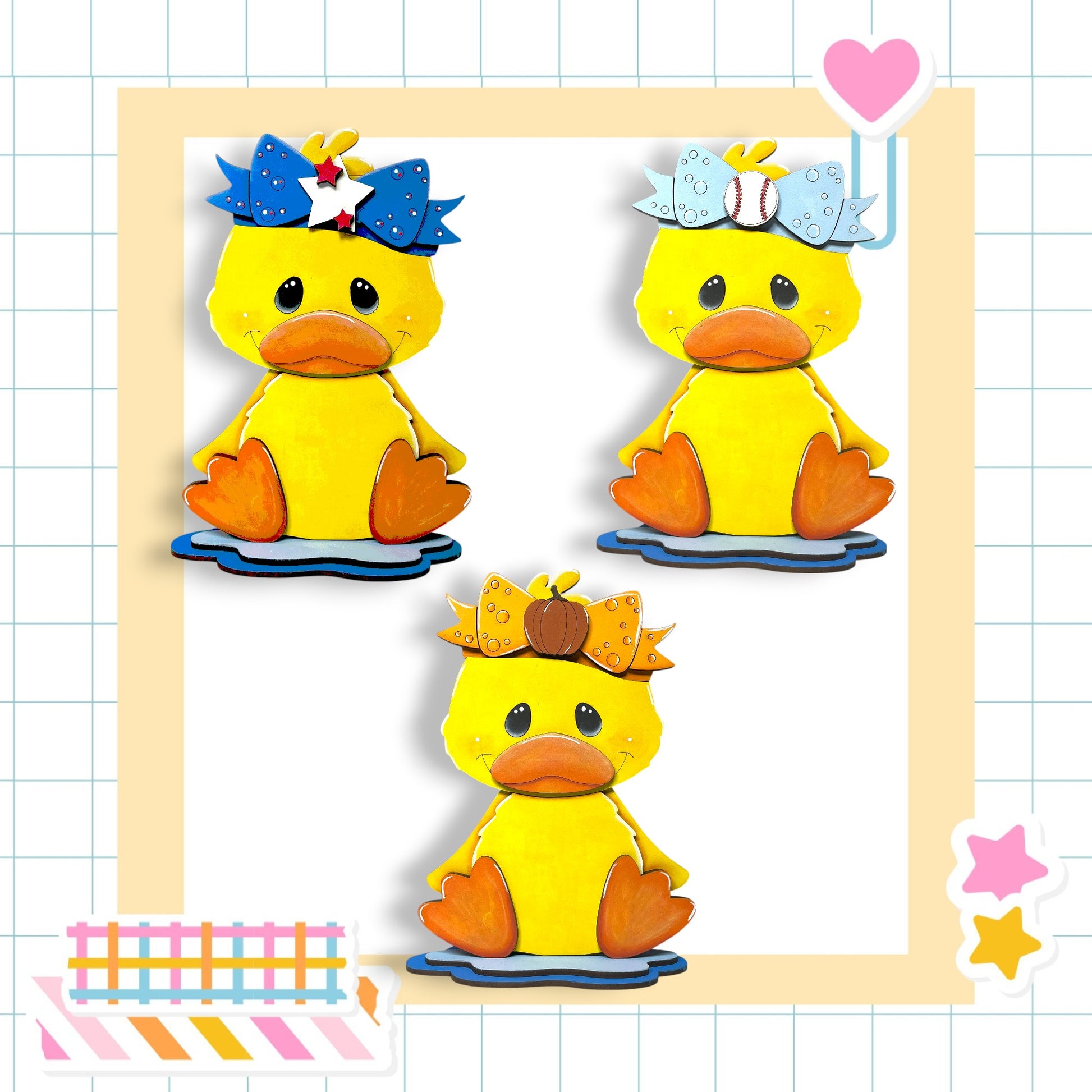 three yellow duck figures with different accessories, such as bows and baseballs, arranged in a frame.