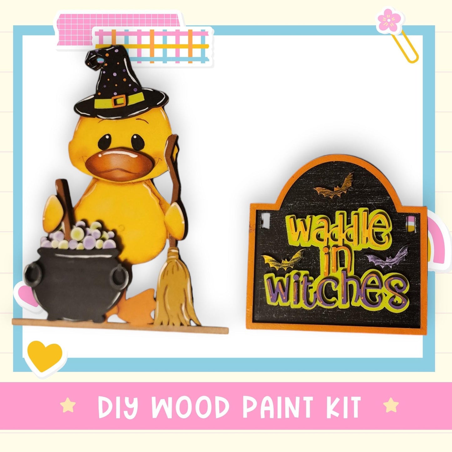a yellow duck with a witches hat and broom
