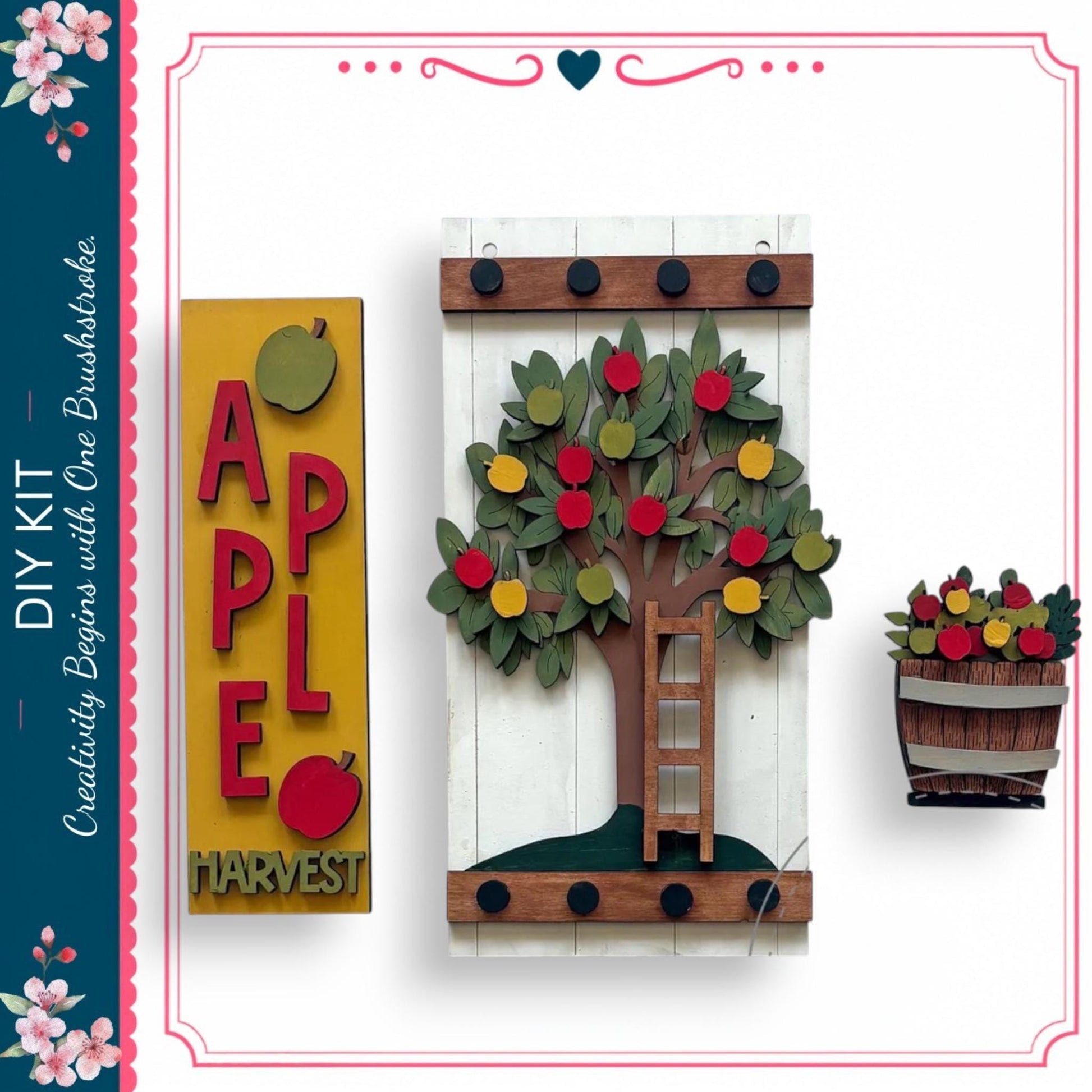 a DIY kit for creating a wooden sign with a tree design and a wooden barrel with a tree design. The kit includes a wooden sign with the word "APPLE" and a wooden barrel with a tree design.