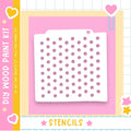 The image is a colorful and playful DIY paint kit featuring a white stencil with a pattern of pink dots on a pink background.