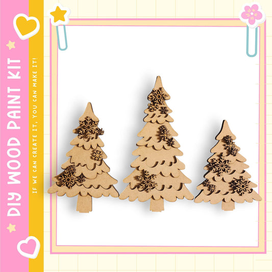 three wooden Christmas trees with snowflake decorations, arranged in a row against a white background.