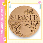 a wooden sign with the text "Hello Summer" carved into it, surrounded by floral designs.