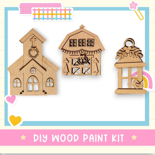 a DIY wood paint kit, including a church, a barn, and a birdhouse, which can be used for creating wooden decorations.