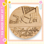 The image is a wooden sign with the text "Sunday are for football" carved into it, featuring a football, a hand holding up a football, and the text "FOOTBALL" prominently displayed.