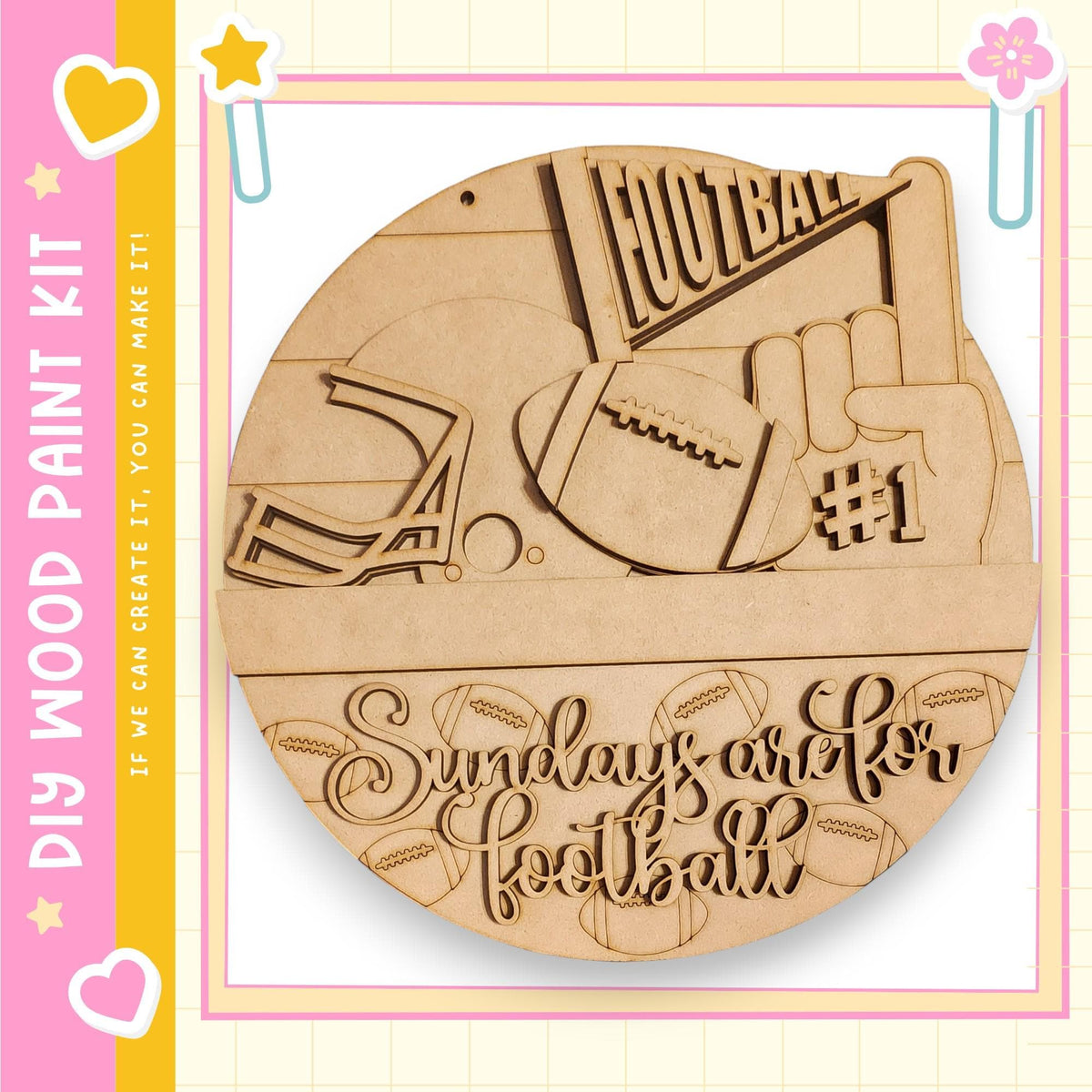 The image is a wooden sign with the text "Sunday are for football" carved into it, featuring a football, a hand holding up a football, and the text "FOOTBALL" prominently displayed.