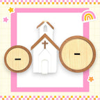 a wooden cutout of a church with a rainbow in the background