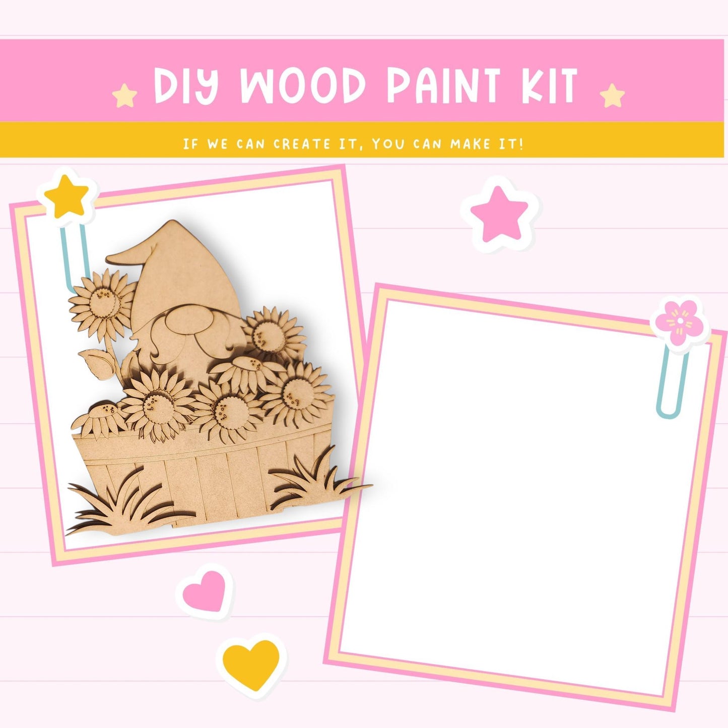 The image is a DIY wood paint kit with a wooden gnome and flowers, along with a blank frame.