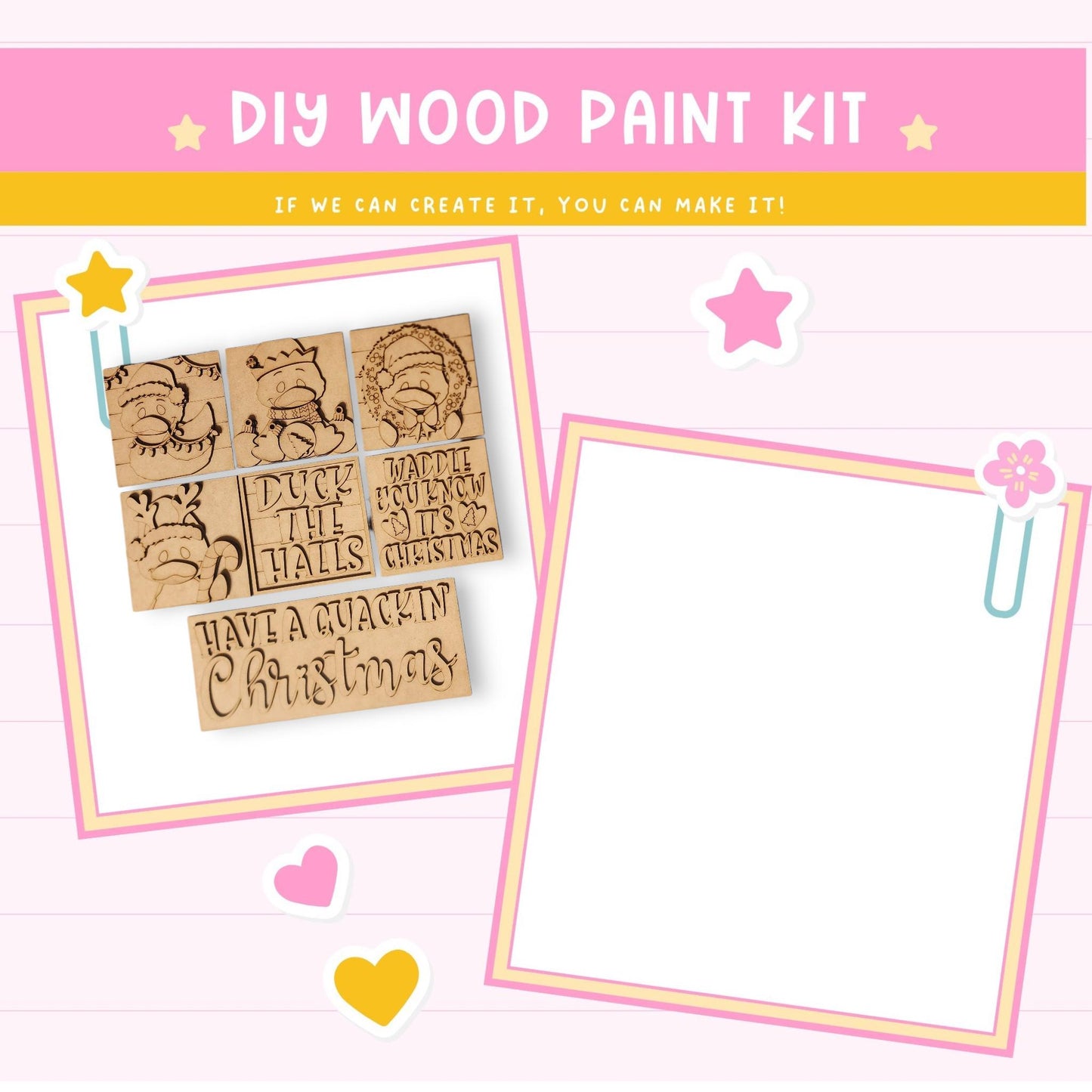 The image is a DIY wood paint kit advertisement with a pink background and a playful, cartoonish style. It features a wooden cutout with a message and a blank white space for the viewer to fill in their own message.