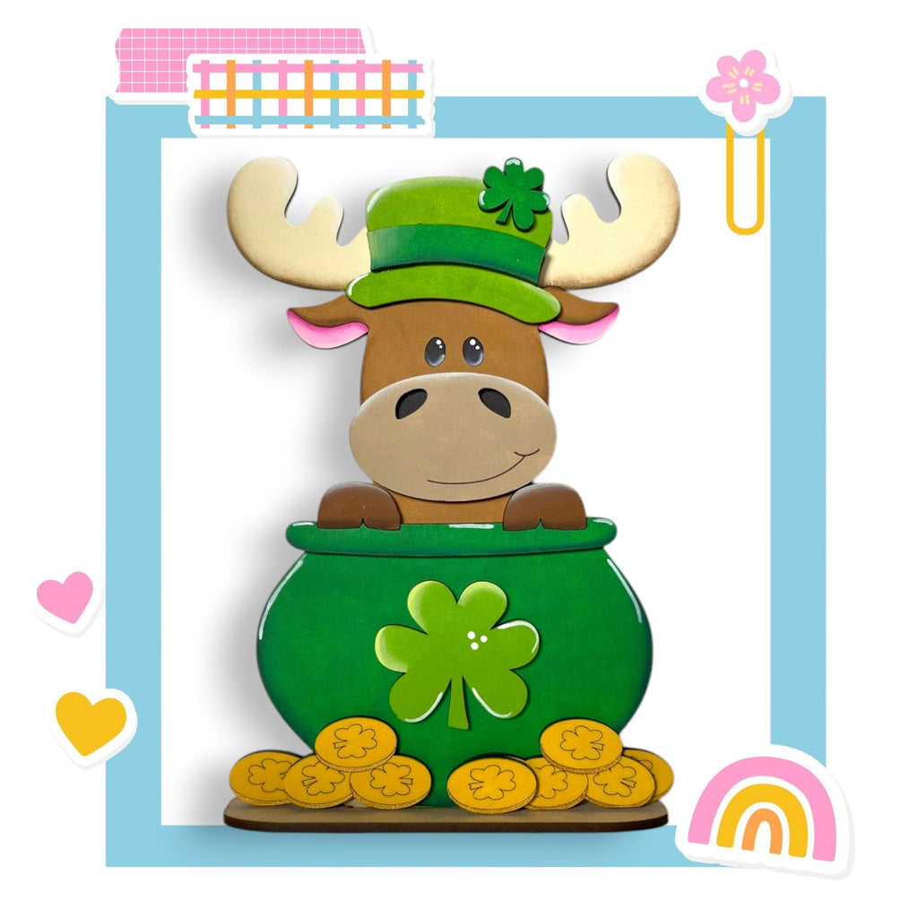 a st patrick's day card with a moose in a pot of gold coins