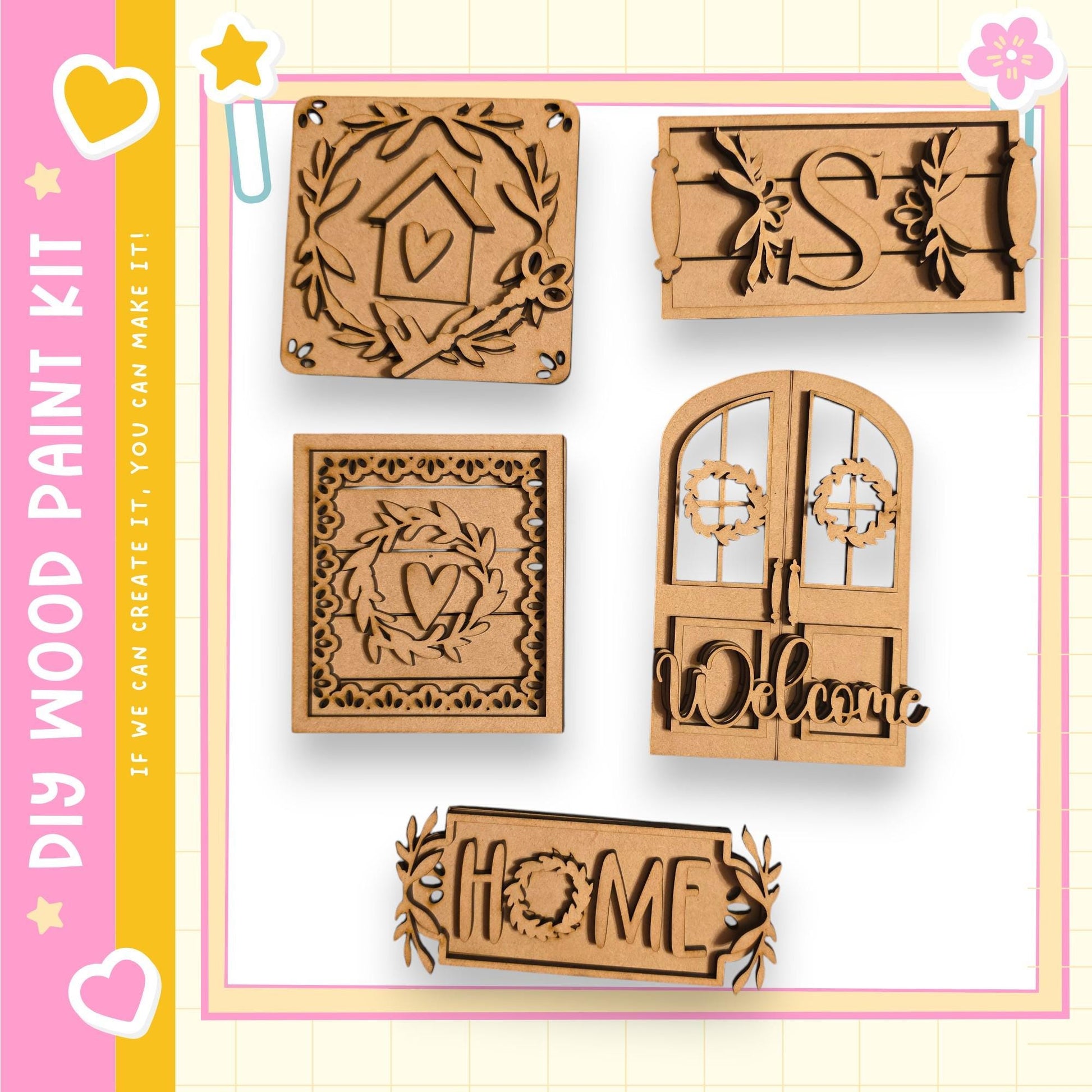 various wooden shapes and designs, including a house, a wreath, and a welcoming sign, all of which appear to be part of a DIY paint kit.