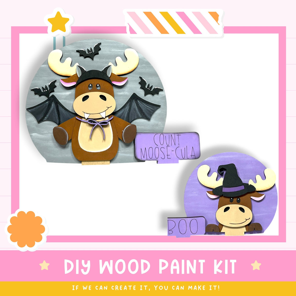 The image is a DIY wood paint kit featuring a moose character with a witch hat, surrounded by bats and a "Count Moose-Cula" sign.