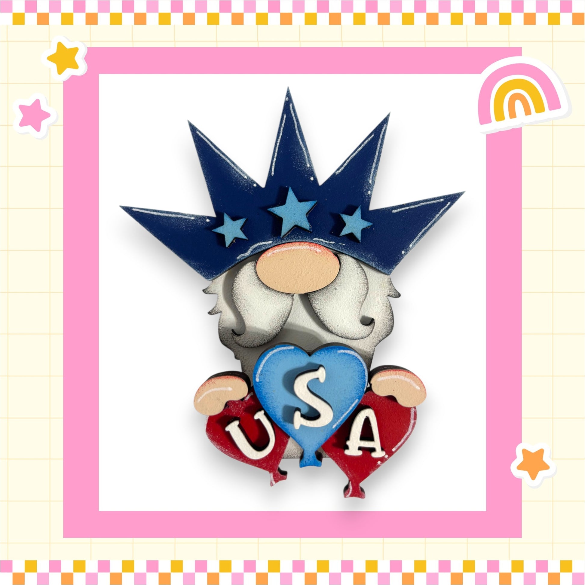 A whimsical illustration of a gnome wearing a crown and holding a heart with the letters "USA" on it, surrounded by stars and a rainbow.