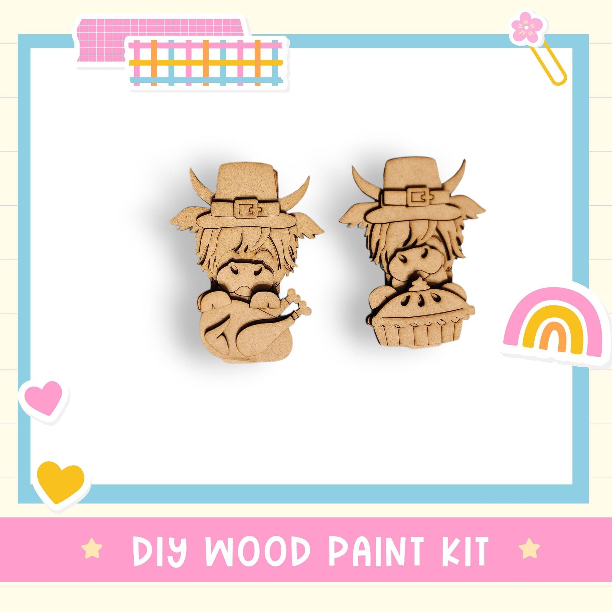 two wooden cutouts of cartoon-like characters wearing hats, likely representing a DIY wood paint kit for creating wooden decorations or toys.
