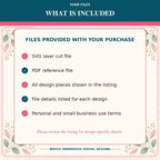 The image is a list of files provided with a purchase, including a SVG laser cut file, a PDF reference file, all design pieces shown in the listing, file details listed for each design, and personal and small business use terms. The text encourages the viewer to review the listing for design-specific details.