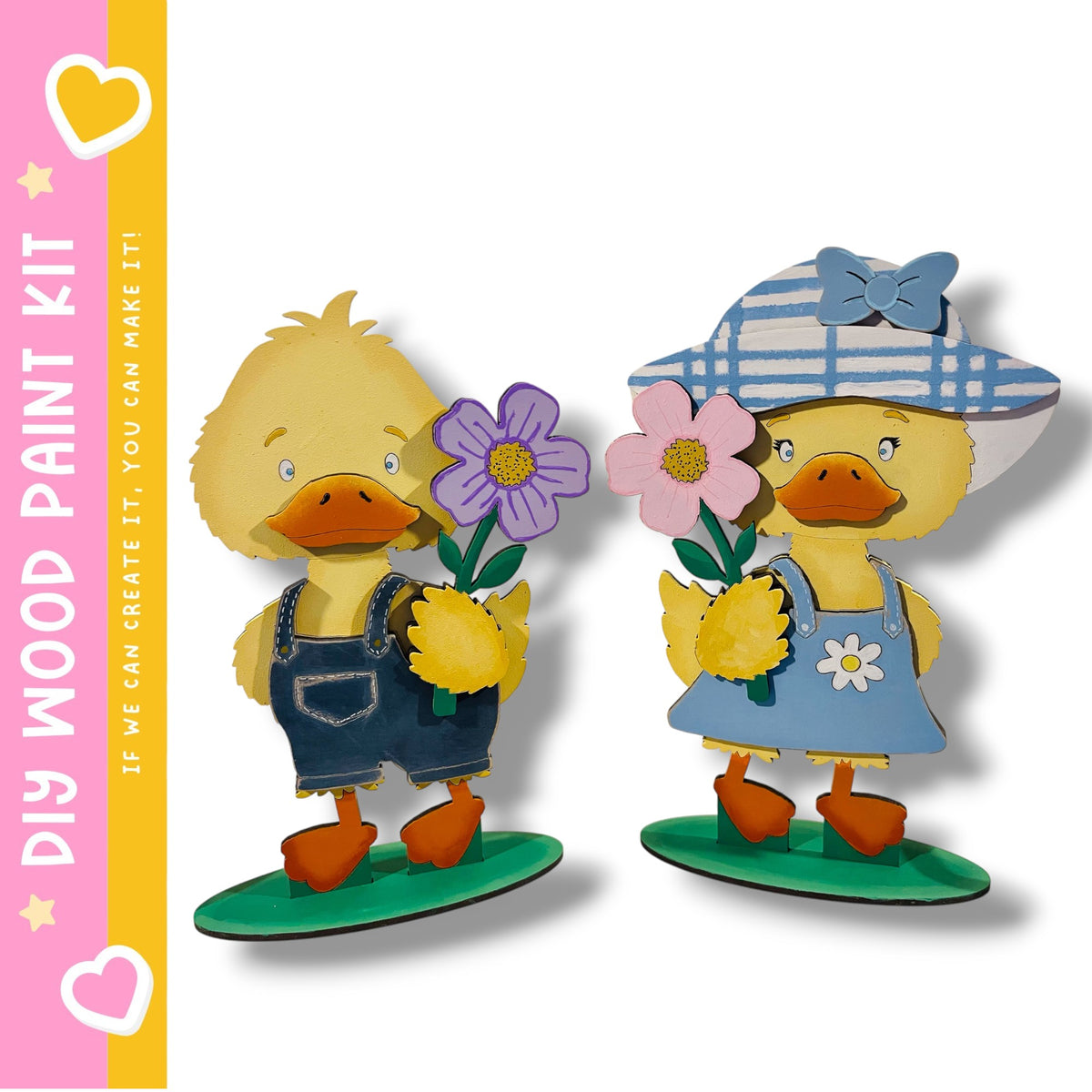 two cartoon duck figures holding flowers, standing on a green base.