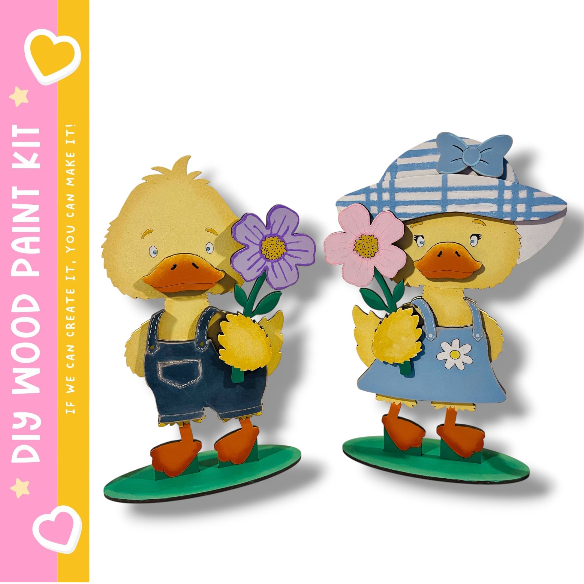 two cartoon duck figures holding flowers, standing on a green base.