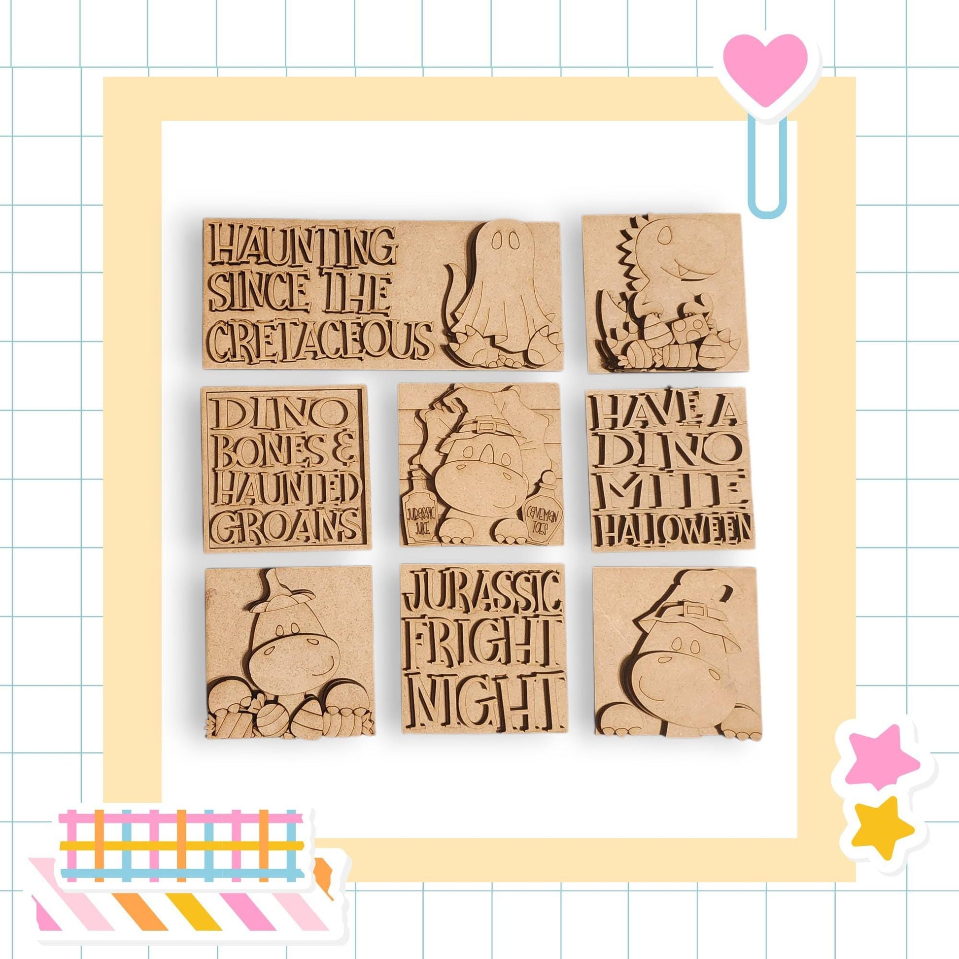 six wooden blocks with various text and cartoon-like designs carved into them.