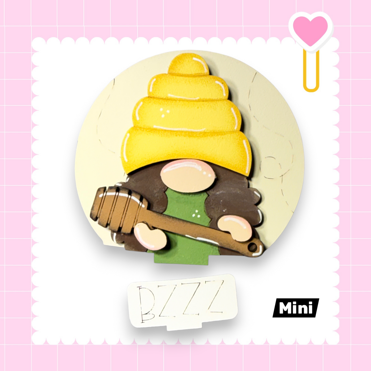A wooden gnome figure wearing a yellow hat and holding a wooden stick, with the word "BZZ" written below it.