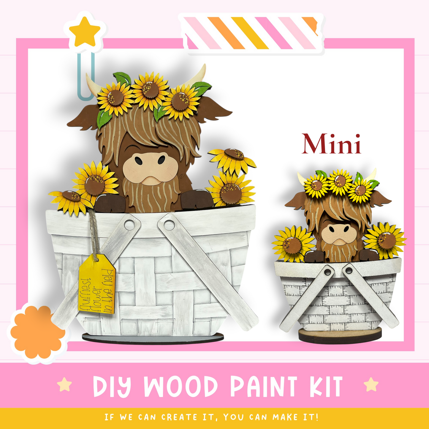 a DIY wood paint kit for creating a wooden basket with a cow or bull design. The basket is filled with sunflowers, and the cow or bull is wearing a crown. The kit includes a label with instructions and a star symbol, indicating that the kit is ready for use.