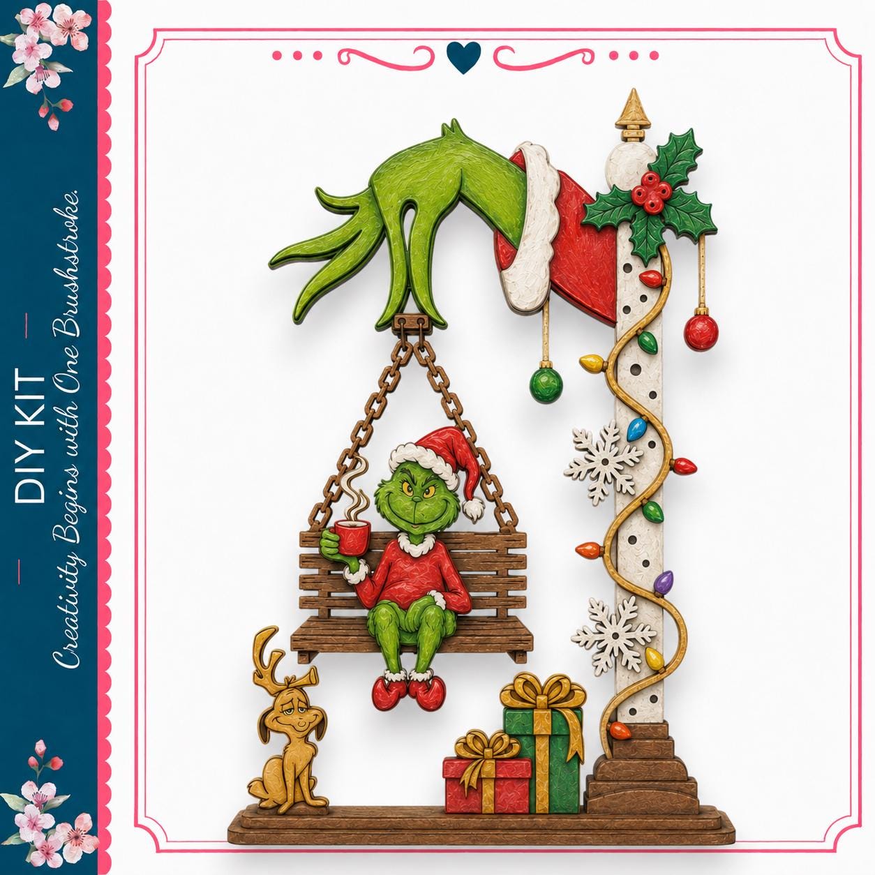A whimsical Christmas scene featuring a Grinch sitting on a swing, with a reindeer, gift, and other holiday decorations surrounding him.