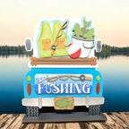a blue truck with a picture of a fish on the back of it