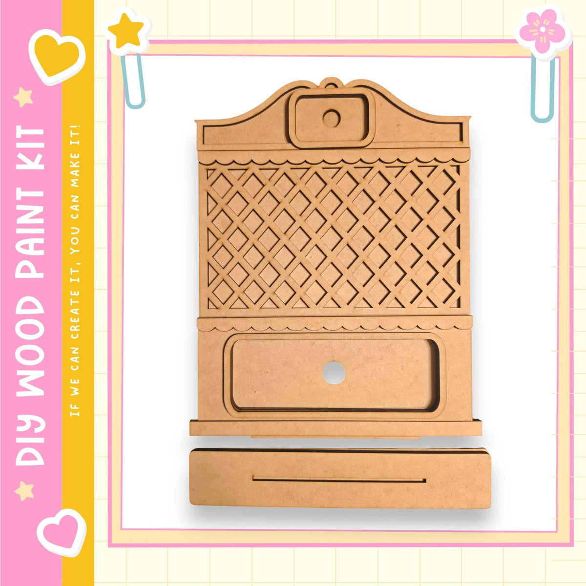 a wooden cabinet or drawer with a decorative design, likely intended for a DIY paint kit.