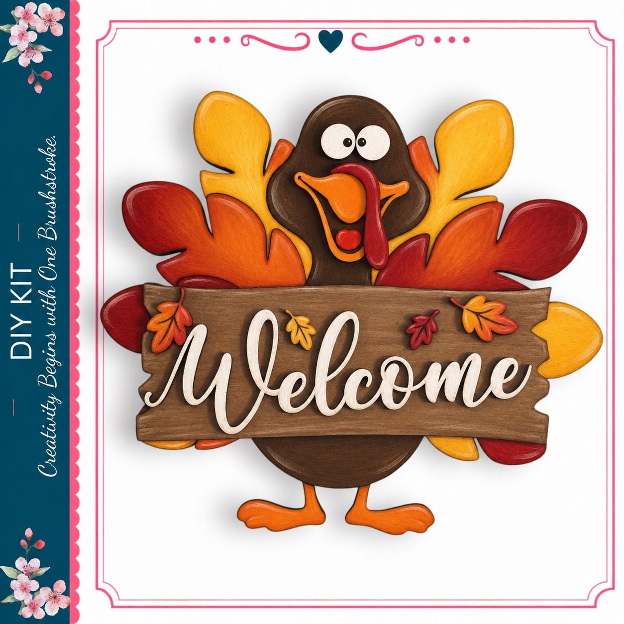 A wooden sign with a turkey holding a wooden sign that says "Welcome" in front of a colorful autumn backdrop.