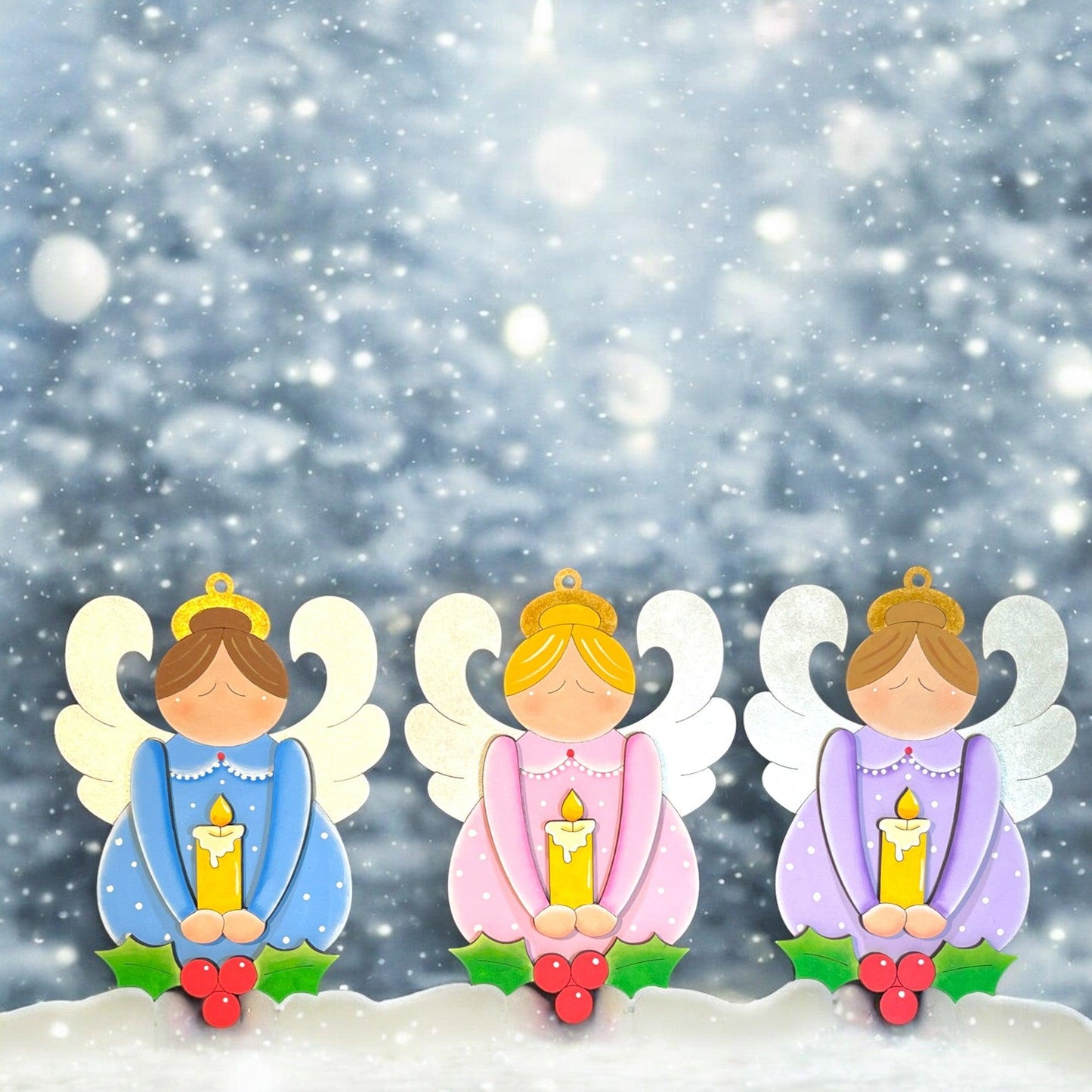 three little angels sitting in the snow holding candles