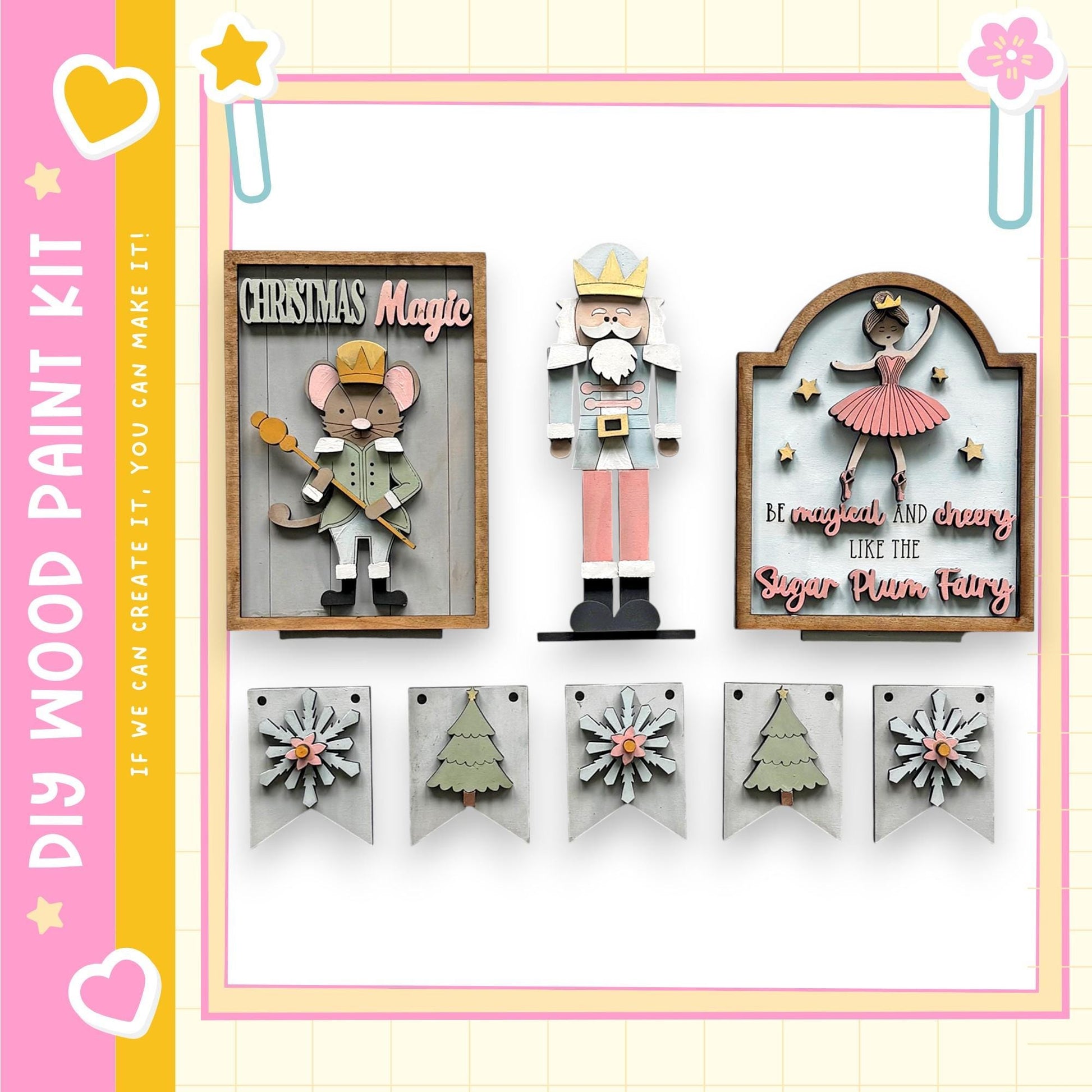 a collection of Christmas-themed decorations, including a nutcracker figure, a Christmas tree, and a banner with a quote. The decorations are arranged in a visually appealing manner, creating a festive atmosphere.