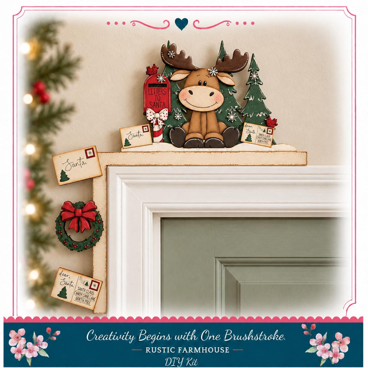 A festive holiday scene with a decorated Christmas tree, a mailbox, and a moose figurine on a shelf. The image also includes holiday-themed decorations such as wreaths and letters.