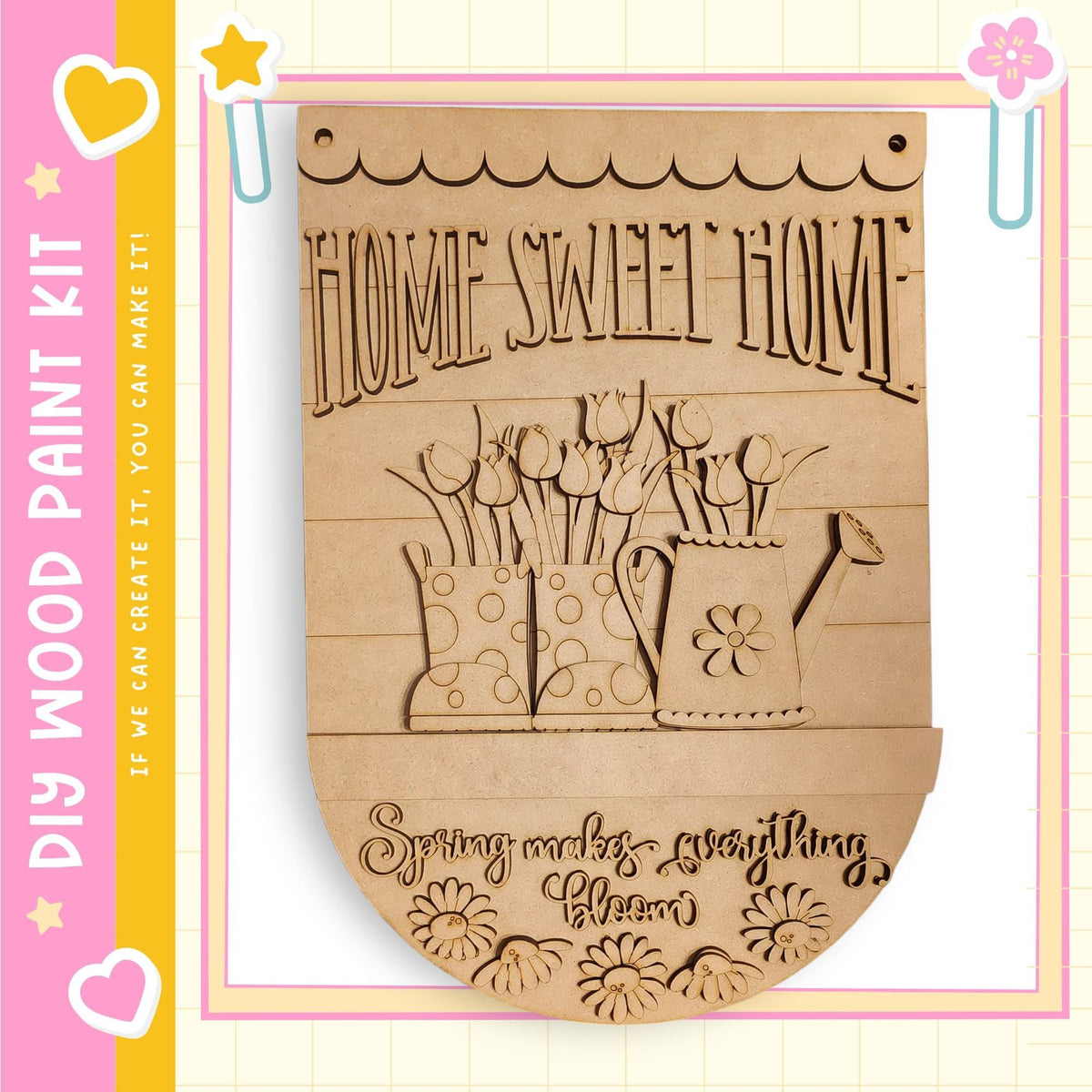 The image is a wooden sign with the text "HOME SWEET HOME" and an illustration of a watering can with flowers.