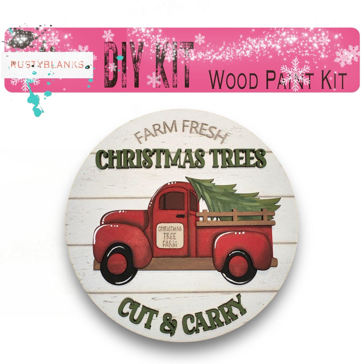 a red truck with a christmas tree on the back of it