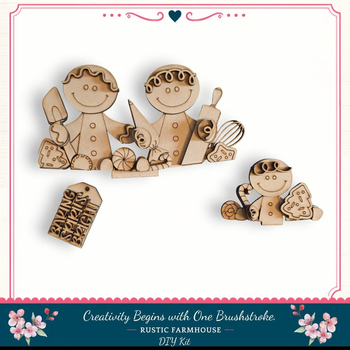 a DIY kit for creating wooden gingerbread men, with a focus on creativity and one brushstroke.