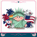 A collage of various patriotic symbols, including the Statue of Liberty, fireworks, and American flags, arranged in a festive manner.