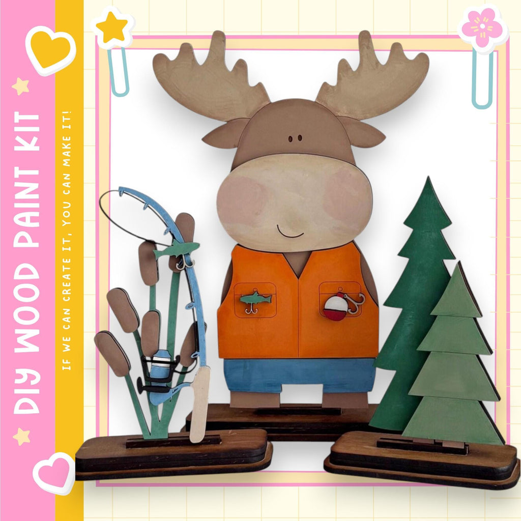 A wooden toy moose wearing a fishing vest and standing next to a tree and a fishing rod.