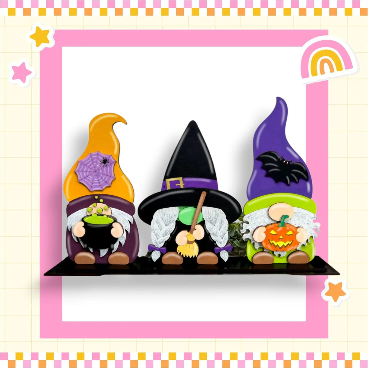 a group of gnomes sitting on top of a shelf