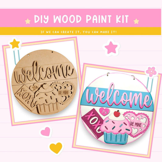 a picture of a wooden sign and a picture of a cupcake