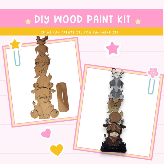 a wooden craft kit with a picture of a group of animals