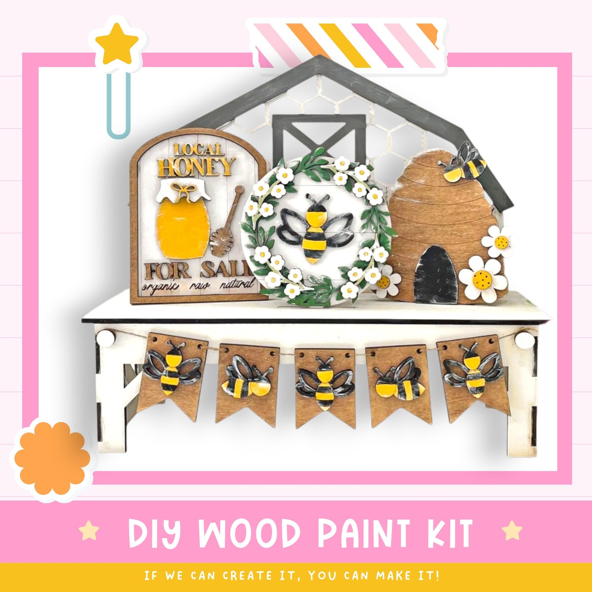 a picture of a wooden paint kit with flowers and bees