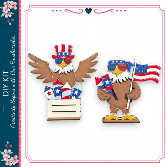 two eagle-shaped figures, each holding an American flag and fireworks, set against a white background.