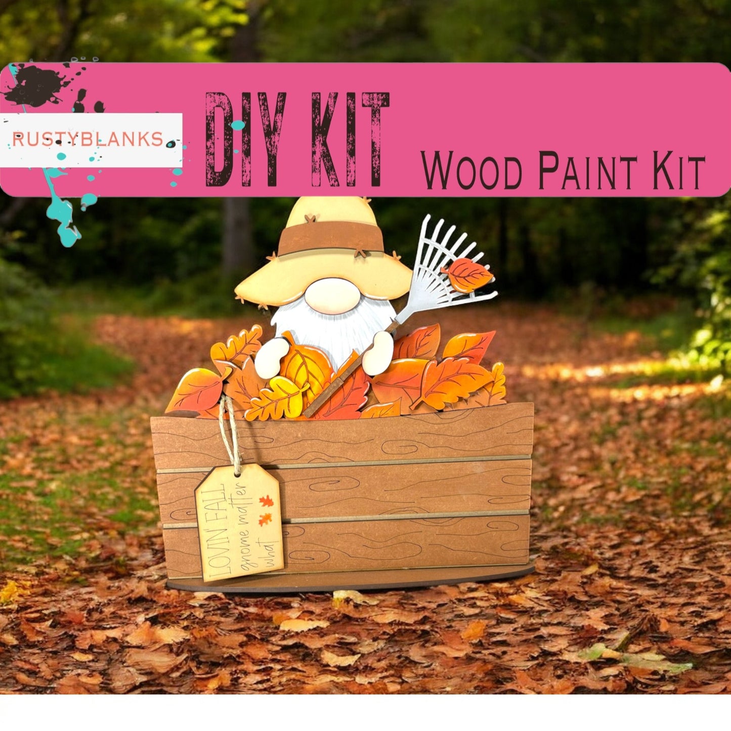 a wooden box filled with leaves and a sign that says diy kit